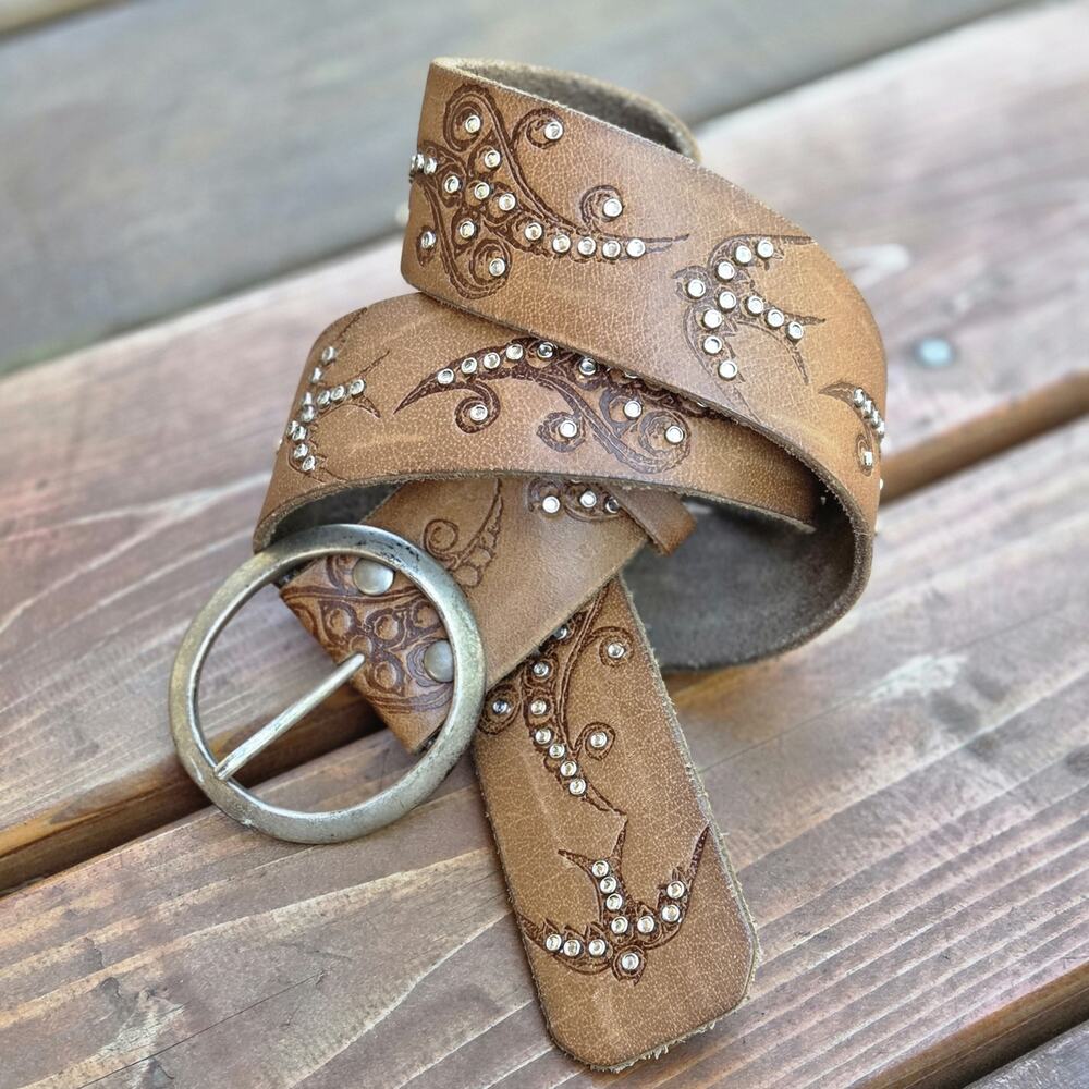 Vintage Y2K Hollister Leather Belt L Brown Tooled Studded Western Boho 2" Wide